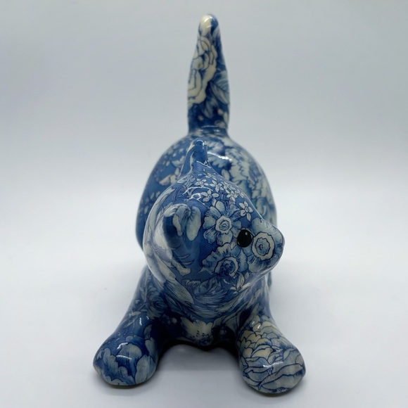 Joan Baker Porcelain Patchwork Vintage Decoupage Blue Floral Ceramic Cat Figure - Picture 3 of 13